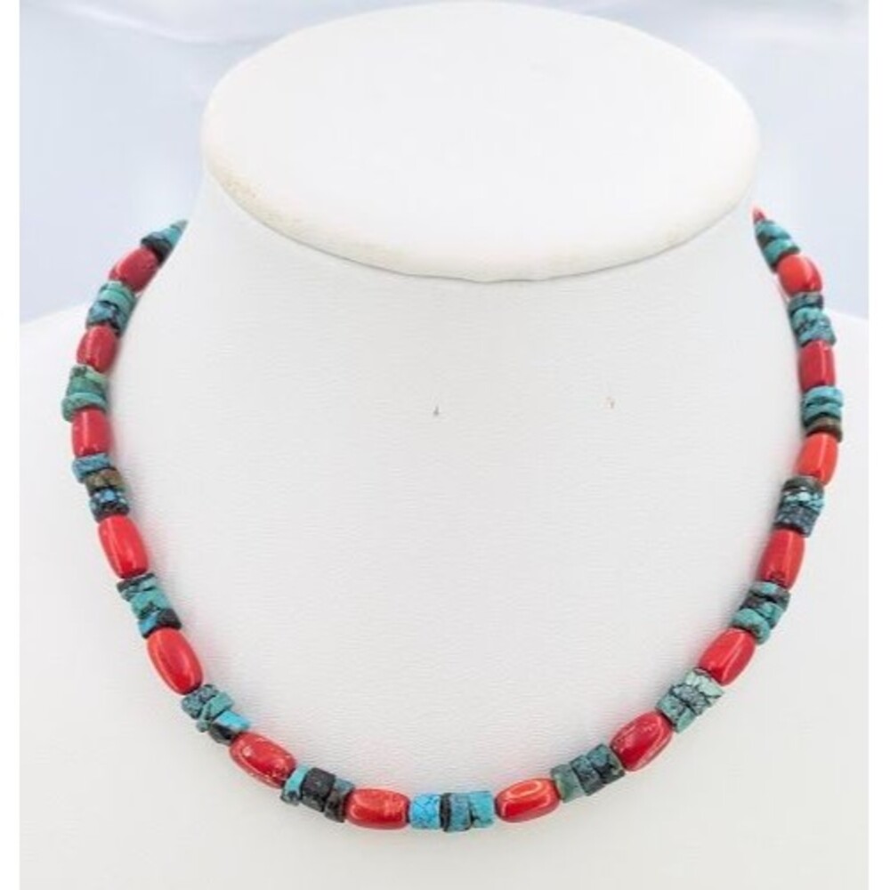 Vintage Sunwest Silver Necklace Turquoise Dyed Red Coral Beads Sterling 17in 28g